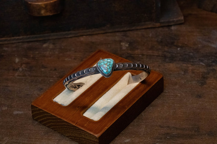Stamped Triangle Kingman Turquoise Cuff